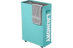 Slim Rolling Laundry Basket with wheel, IHOMAGIC Rectangle Storage Hamper - Thin Laundry Basket Corner Fittable Laundry Bin Flexible handle Laundry Sorter For Dormitory, Hotel, 39x18.5x58cm 41L, Blue