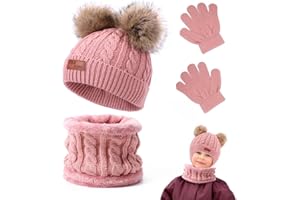 Aoreun Conjunto de Guantes de Bufanda de Gorro de Invierno para Niños, 3 en 1 Invierno Suave Gorro de Punto Cálido con Bufanda y Guantes, Mantener Caliente Accesorios para Niños Niñas 2-8 Años