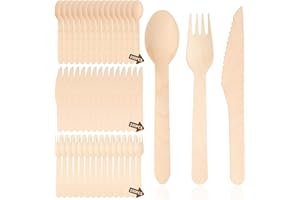 Heuchaey Cubiertos, Cubiertos de madera, 300 piezas, 100 Cuchillos, 100 Tenedores, 100 Cucharas, Set de Cuberteria, para Fiestas y Camping