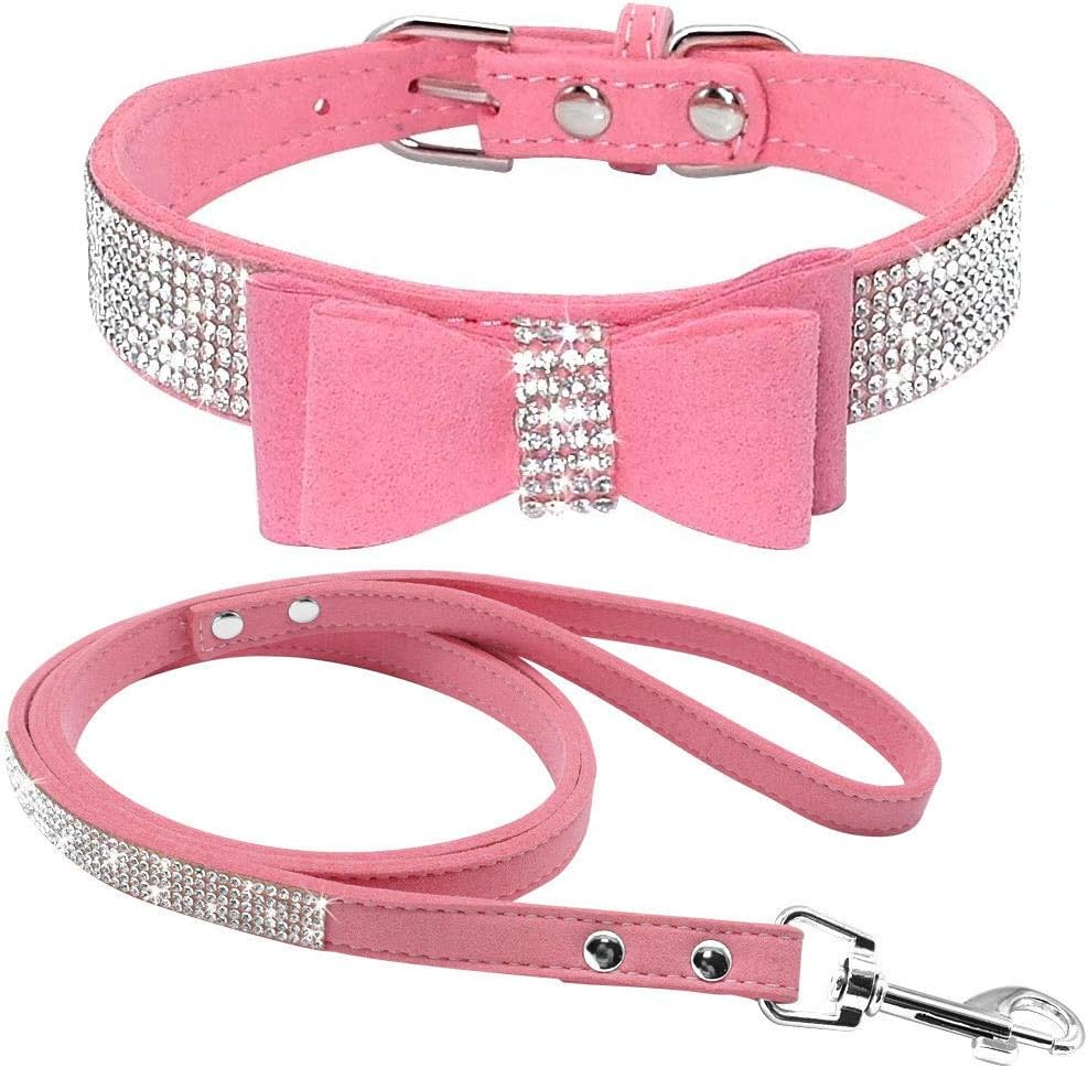 haoyueer Cute Dazzling Sparkling Elegant Fancy Soft Suede Leather Bling Rhinestone Crystal Jeweled Pet Cat Dog Puppy Collar Dog Leash Combo Set (XS, Pink-1)