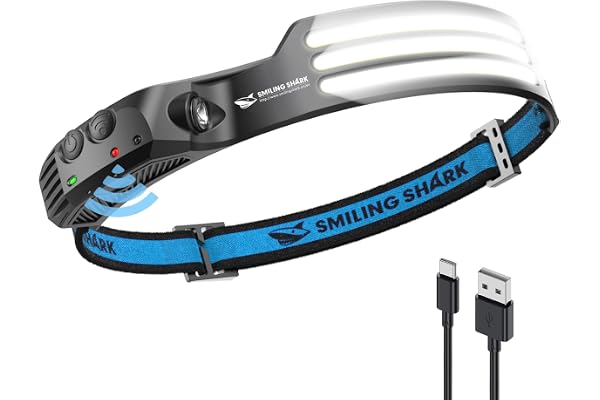 Smiling Shark Lampe Frontale, 230°Angle Large 3*LED Bandes Lumineuses Blanches la Headlight Rechargeable avec Capteur de Motion Étanche pour le Camping la Randonnée, Lampe-Frontale-LED-Camping-Light