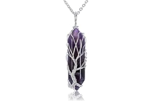 CrystalTears Natural Healing Crystal Stone Necklace Silver Tree Life Wire Wrapped Hexagonal Crystal Points Pendant Necklace Jewellry Mothers Day Gifts for Mum Women