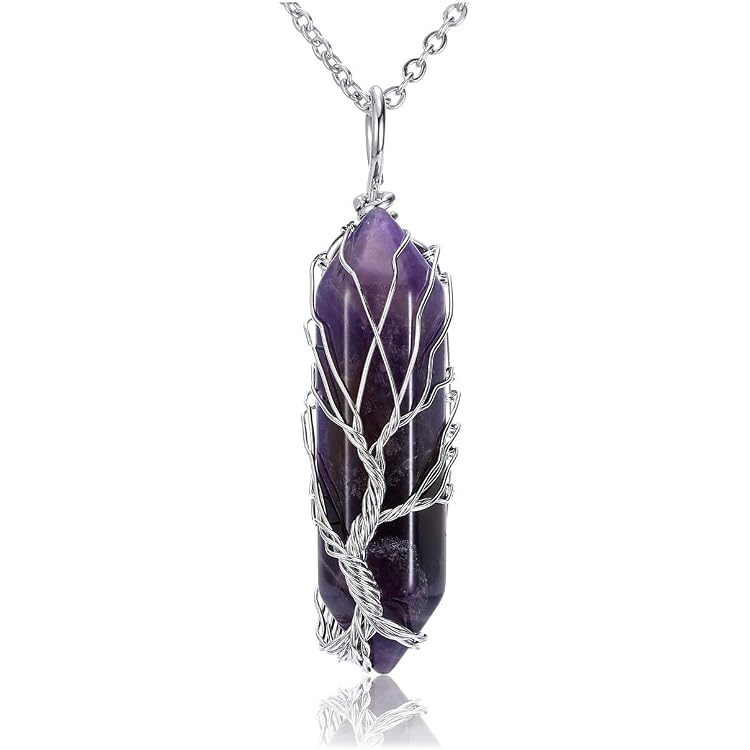 CrystalTears Lebensbaum Halskette Damen – Silber Draht Mit Amethyst, Reiki Heilstein, Handgefertigt