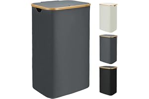 Bellzacasa Wäschekorb mit Deckel 110L, Groß Wäschebox mit Bambus Henkel und Herausnehmbaren Wäschesack Laundry Basket with Lid, Faltbarer Wäschekörbe Waschekorbsammler mit Deckel (Grau)