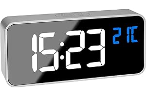 ‎TFA DOSTMANN TFA Dostmann Cyfrowy budzik z efektem lustrzanym, 60.2032.54, 2 czasy alarmu, 16 dźwięków budzenia, z 4 poziomami jasności, godziną (AM/PM), z wbudowanym akumulatorem, srebrny