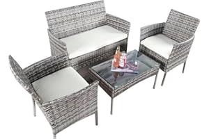 GENERIC XEO HOME 4 Pc Rattan Garden Furniture Sets 4 Piece Indoor Outdoor Table and Chairs Set Balcony Patio and Conservatory Furniture Sofa Backyard Pool Side Coffee Seater (Mix Grey)