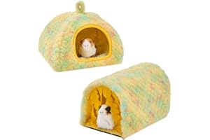 Avont 2 Pack Guinea Pig Hideout Bed and Tunnel Toys Set with Curtain, Washable Soft Plush Bunny Hideaway House Tube Cage Accessories for Small Animal Pet, Rabbits Chinchilla Hamster Ferret Rat -Yellow