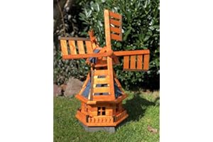 DARLUX dekorative handgefertigte Garten Windmühle aus Holz kugelgelagert I imprägniert in Braun I wetterfest I Windrad hinten am Kopf I Größen (Blau L)