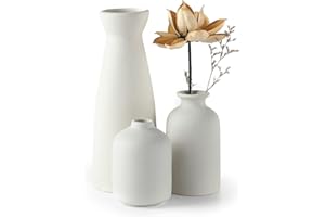 CEMABT White Ceramic vase Set-3 Small Flower vases for Decor,Modern Boho Farmhouse Home Decor,Decorative vase for Pampas Grass&Dried Flowers,idea Shelf,Table,Bookshelf ，Entryway- Distressed
