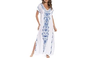 YouKD Coton D'été Brodé Floral Lâche Caftan Boho Beach Bikini Cover Up Dress Grande Taille Robe pour Les Femmes