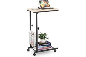 COSTWAY Stolik pomocniczy na kółkach, stolik do laptopa z regulacją wysokości, z koszem do przechowywania, stolik kawowy w kształcie litery C, stolik na łóżko, industrialny, metalowa rama, 50 x 30 x