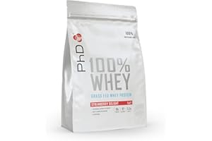 PhD Nutrition 100% Whey Protein de Pasto 1kg Pastel de Fresa, Proteína de Suero con 19g de Proteína por Porción y 5,5g de BCAAs, Bajo en Azúcar y Calorías, Low-Carb