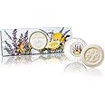 Saponificio Artigianale Fiorentino Box of Italian soap, Lavender and Lemon, round soaps sculpted with lily, pleated wrapping and label, 3 x 100g