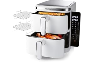 ‎GOURMETMAXX GOURMETmaxx FryUp Vertikale Doppelkammer Heißluftfritteuse | vertikaler Airfryer | klappbares Touchdisplay | 32% platzsparender | Fassungsvermögen 10L | Heißluftfritteuse 2 Kammern