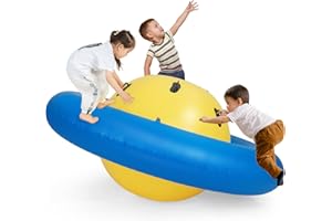 COSTWAY Balle Gonflable Enfants Ø233cm avec 6 Poignées, Château Gonfable en PVC avec Surface Élastique, Balle Rebondissante Intérieur Extérieur pour 3 Enfants de 5 Ans+, Charge 113kg (Jaune+Bleu)
