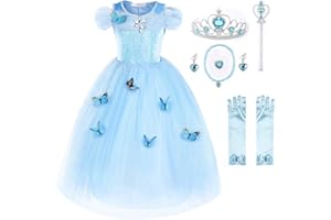 JerrisApparel kostium kopciuszka, sukienka księżniczki z motylami, dla dziewczynki (100, błękitny z akcesoriami)