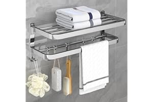 HONPHIER Toallero Montado Pared Toallero Plegable 2 Niveles Toallero de Baño con 5 Ganchos de Actividad Sus 304 Estantes de Acero Inoxidable Toallero Toallero para Cocina, Hotel (23 Pulgadas, Plata)