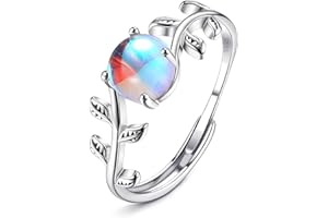 KRFY Anillos de Plata de ley 925 para Mujeres Anillos Abiertos Ajustables Cubic Zirconia Piedra de Luna Ópalo Anillo para Madre Novia Niñas Hoja de Plata Pulida de Alta Promesa Anillo de Boda