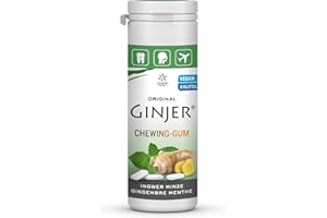 Chewing-gums au gingembre menthe et xylitol Ginjer® – Lemon Pharma – Sans sucre, aspartame et gluten – Édulcoré avec du stévia et du xylitol – Boite de 30 g – environ 20 pièces