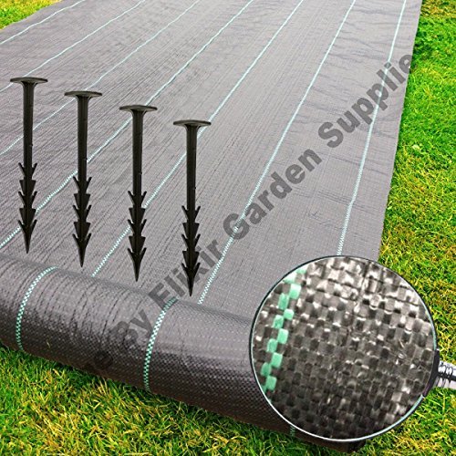 Elixir Gardens Heavy-Duty Woven Weed Control Membrane & Landscaping Fabric for Groundwork, Decking, Patios & Driveways | Widths 1m, 2m, 3m, 4m & 5m | Lengths 10m-100m | 1m x 50m + 100 pegs