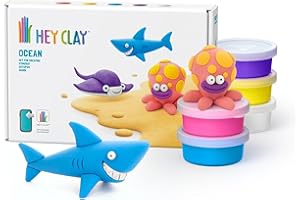 Hey Clay Ocean: Shark, Octopus, Stingray Set - Colourful Modeling Kids - Air Dry Clay Kit 6 cans with Fun Interactive Instructions App