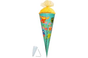 alles-meine.de GmbH Schultüte - Eulen auf AST - 50 cm - mit Tüllabschluß - Zuckertüte - mit/ohne Kunststoff Spitze - für Mädchen & Jungen - Eule lustig - Blumen türkis - Eulenm..