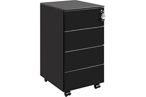 ‎LVSTEEL LVSTEEL Rollcontainer mit Schubladen, Mobiler Aktenschrank unter Schreibtisch, Abschließbarer Büroschrank, Druckertisch, 4 Schubladen 4 Schlüssel, Vormontiert, Büro, Homeoffice, Schwarz