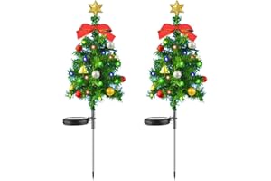 POUWAY Solar Christmas Tree Lights, Set of 2 Christmas Solar Pathway Lights, Christmas Tree Lighting Outdoor Waterproof with Bow and Bell, Garden Stake Light for Pathway, Lawn, Patio Decoration