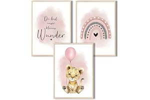 MeinBaby123® I Bilder Chambre d'enfant,Lot de 3 posters DIN A4,Tableau mural,Images décoratives pour chambre d'enfant fille et garçon,Poster mural de qualité supérieure (lion et ballon rose)