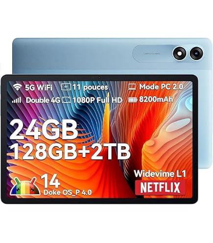 Tablette Android 15 - 10 Pouces, 8 Coeurs, 64Go ROM (extensible 2To), WiFi 6, Widevine L1 - Avec Clavier, Souris Et étui