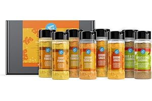 Marca Amazon - Happy Belly - Selección de especias (Condimento de ajo y guindilla, Curry, Cúrcuma, Jengibre en polvo), 8 Unidad, Paquete de 1