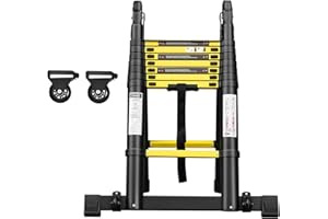 LZQ Échelle Télescopique Pliante 5m (2,5m + 2,5m), 2 en 1 Escabeau Pliant Ladder, Échelle Escabeau Escamotable Télescopique en Aluminium 16 Echelons, Charge Max 150 kg (Jaune-Noir)