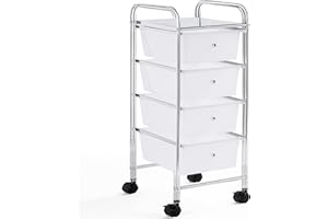 Yaheetech Plastic Storage Cart with 4 Drawers Rolling Drawers Cart Organizer on Lockable Wheels Multipurpose Mobile Trolley for Home Office Salon, White