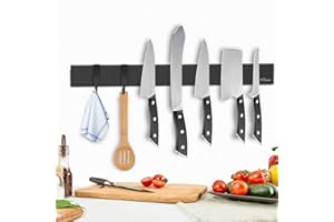 Porte Couteaux Aimanté Dmore avec 3 crochets, Range outeaux noire de 40 cm sans perçage, Extra-Fort aimant couteau, installation facultative avec bande adhésive ou vis pour une cuisine bien rangée