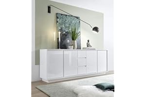 Web Convenienza Madia con 4 Ante e 3 Cassetti Made in Italy – Credenza Contenitore Collezione Ice per Soggiorno Cucina Ingresso Sala da Pranzo, Design moderno originale Bianco Laccato Lucido