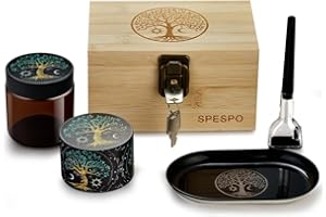 Spespo Kit Grinder Especias 4 in 1, Incluye molinillos de Especias de 2.5inch, bandeja para enrollar, tarro de almacenamiento y palo para enrollar, set de regalo en caja de bambú con cierre