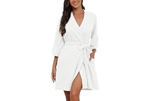 PrinStory Womens Dressing Gown Waffle Soft Kimono Robe V-Neck Short Knit Bathrobe Nightwear Sleepwear