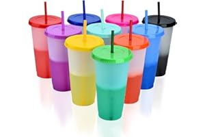 CYH 10 Pcs Reusable Plastic Tumblers with Lids & Straws - 24oz Cute Colour Changing Cups, Bulk Iced Coffee Cup Party Tumbler Set Travel Cups for Kids Adults Party Smoothie Cup Travel Mugs