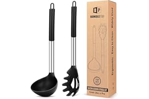 BUNDLEPRO Juego de tenedor y cucharón de silicona para pasta, utensilios de cocina antiadherentes grandes para cocinar, revolver, servir espaguetis, sopa, salsa (color negro)