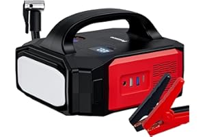 Povasee Starthilfe Powerbank mit Luftkompressor, 3500A Auto Starthilfe mit Zwei LCD Anzeigen, Starthilfekabel Robust, Großer Taschenlampe, Batterie Booster Starthilfe für Alle Benziner/8L Diesel