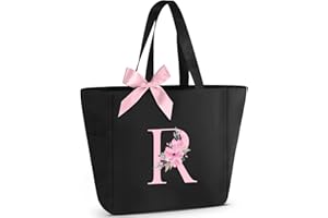 Vavabox A-Z Tote Bag Monogrammierte Tragetasche - Wasserdichte,Geschenke Für Frauen,Braut Und Brautjungfern(Schwarz & Rosa)