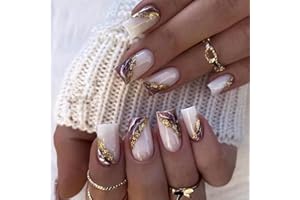 AGASAR 24pcs Short Square False Nails White Purple Stick on Nails Gold Foil Press on Nails Removable Glue-on Nails Fake Nails Women Girls Nail Art Accessories