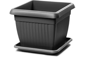 IMJ-GLOBAL Pot de fleurs avec soucoupe pour plantes utilisation en intérieur et extérieur carré style classique en plastique pour balcon DKWT15PKWT14 couleur gris anthracite 17 litre 15 x 15 x 13 (H) cm
