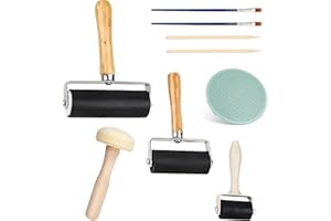 OUTALIZ Set di stampa linoleica, 3 Pezzi Rullo di Gomma(3,5cm, 6cm,10cm), Rullo di Pressione in Silicone, Con 1 Rullo a Funghi e 1 Incisione, Per Stampa Linoleosa, Timbratura, Carta da Parati e Artigianato