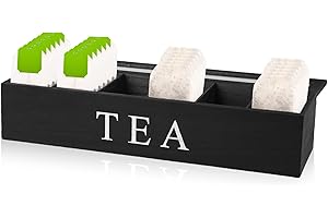 VEGOATY Organizer per bustine da tè con 6 scomparti, 43 x 9 x 8,7 cm, per bustine da tè, bustine da tè, contenitore in legno massello nero, per bustine di tè, sacchetti di tè bianchi (nero)