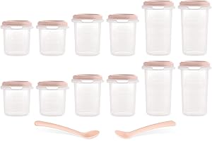 Miniland - Pack de 12 herméticos graduados (de 200, 250 y 330ml) y dos cucharas, seguros, resistentes y aptos para lavavajillas, microondas y congelador. Set 12 (Candy)