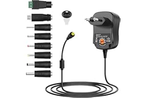 Aroidful 12W Adaptateur Universel AC a DC 3V 4.5V 5V 6V 7.5V 9V 12V 1.2A Pris Chargeur d'alimentation avec 8 Connecteurs DC pour Caméra CCTV/Bande Lumineuse LED/hub USB/Haut-Parleur