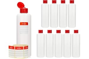 Octopus 10 flaconi di plastica 250 ml, bottigliette di plastica HPDE con tappo flip top rosso, bottiglie con tappo a cerniera rosso, flaconi rotonde con 10 etichette adesive