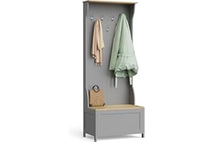 VonHaus Coat Stand with Shoe Storage - Grey Hallway Unit with 7 Double Hooks & Storage Bench - Hall Tree Organiser for Entryway with Wood Effect Seat - Freestanding Coat Rack - Ash Hall