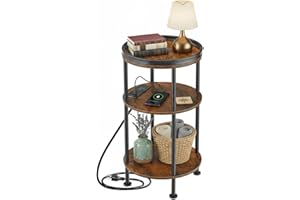 YEAKOO Small Round End Table with Charging Station for Narrow and Small Space, 3-Tier Accent Couch Beside Table with 2 USB Ports & Power Outlets,Sofa Side Table for Living Room Bedroom Apartment/Rustic Brown
